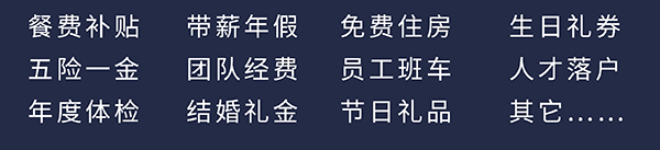 人生就是博员工福利：餐费补贴、五险一金、年度体检、带薪年假、团队经费、结婚礼金、免费住房、员工班车、节日礼品、生日礼券、人才落户、其它……